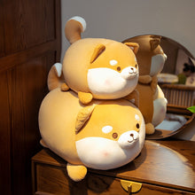 Load image into Gallery viewer, Image of two super cute Shiba Inu stuffed animal plush toy pillows in different sizes kept on the wooden dressing table - close mouth Shiba Inu design