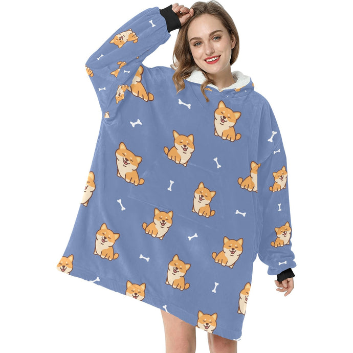 Smiling Shiba Love Blanket Hoodie for Women - 4 Colors-Apparel-Apparel, Blankets, Shiba Inu-Blue-1