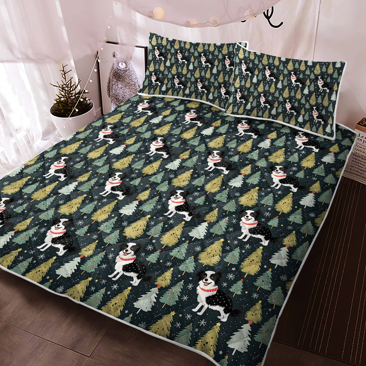 Starry Night Border Collie Christmas Quilted Blanket or Bedding Set