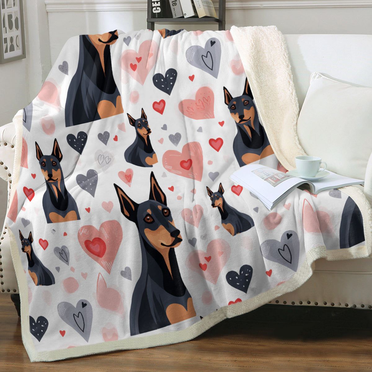 Watercolor Hearts and Doberman Love Soft Warm Fleece Blanket