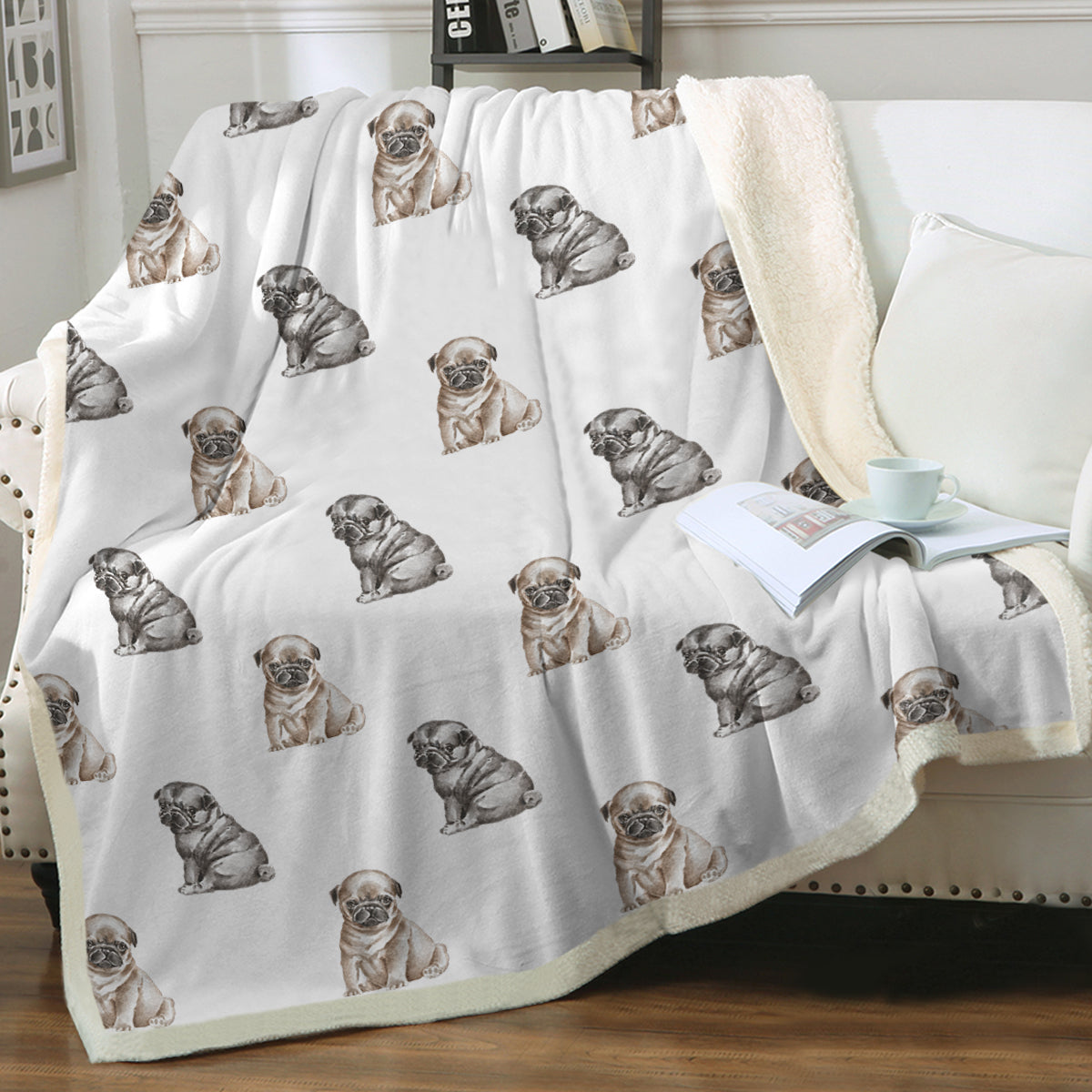 Watercolor Precious Pug Puppies Sherpa Fleece Blanket Colors