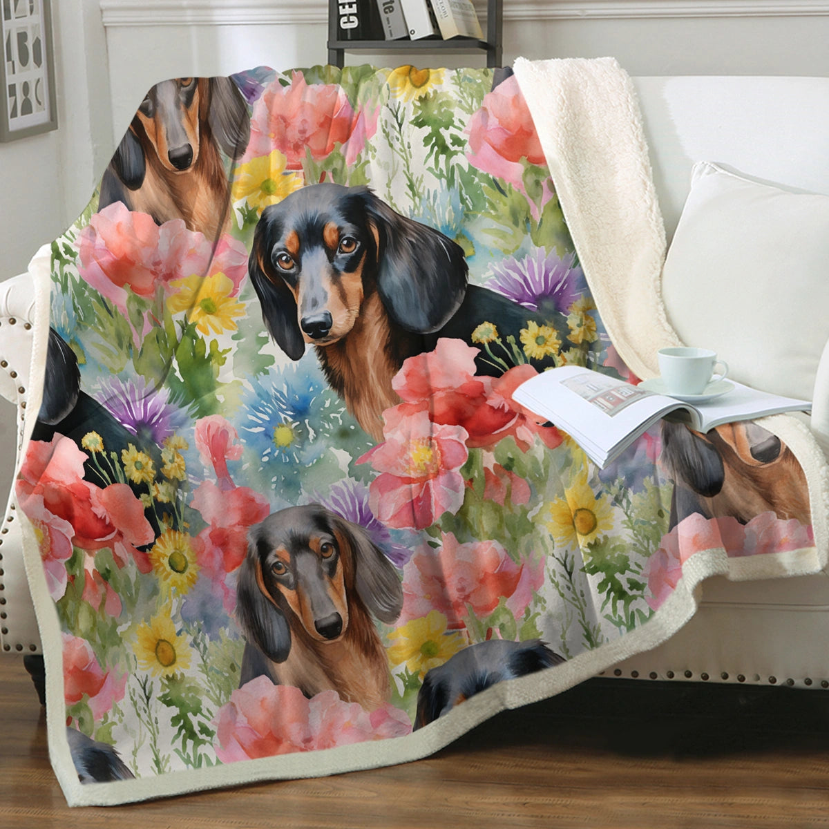 Watercolor Symphony Dachshunds Blooms Soft Warm Fleece Blanket