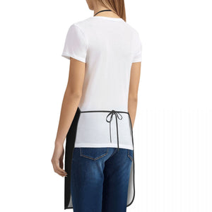 image of a woman wearing a black sheltie mom apron in white background - back view