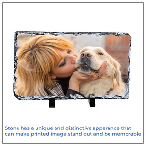 Image of a personalized dog gift accessory made of stone with a photo example - square dimension - front view