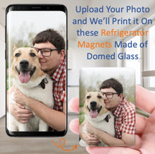 Load image into Gallery viewer, Image of a personalized dog gift custom fridge magnet example with a man hugging his dog