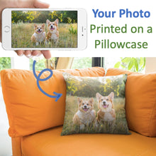 Load image into Gallery viewer, Image of a personalised dog gift of a custom pillowcase with two Corgis on an orange couch