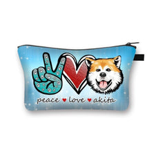 Load image into Gallery viewer, Peace, Love and Akita Inus Multipurpose Pouches-Accessories-Accessories, Akita, Bags, Dogs-Akita Inu - Light Blue Background with Sparkles-5