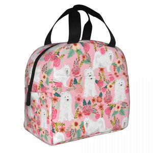 Image of an insulated American Eskimo Dog bag with exterior pocket in bloom design