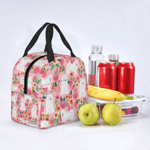Image of an insulated American Eskimo Dog lunch bag in bloom design