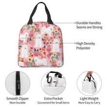 Load image into Gallery viewer, Information detail image of an insulated American Eskimo Dog lunch bag with exterior pocket in bloom design