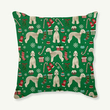 Load image into Gallery viewer, Image of a Bedlington Terrier Christmas Cushion Cover in Merry Christmas Bedlington Terriers and Christmas ornaments design