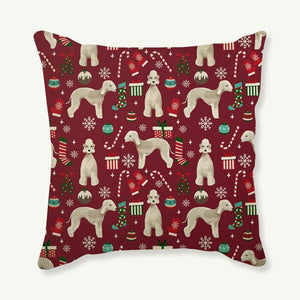 Image of a red color Bedlington Terrier Cushion Cover in Merry Christmas Bedlington Terriers and Christmas ornaments design