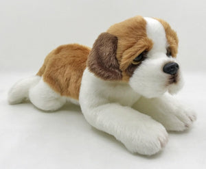 This image shows a cute Belly Flop Saint Bernard Stuffed Animal Plush Toy lying on the floor.