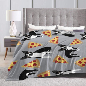 Image of a boston terrier throw blanket in the super cute Boston Terriers and Pizzas design