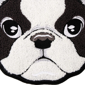 Close up image of an embroidered sew on boston terrier patch
