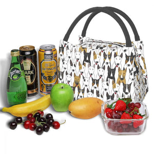 Image of a Bull Terrier lunch bag with high-quality holding straps, zip closure, three-layer insulation, and the cutest Bull Terrier design