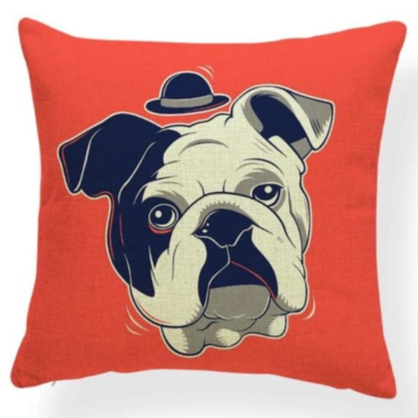 Image of an english bulldog cushion cover in the cutest top hat English Bulldog design on a bright red background