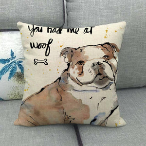 Image of an english bulldog pillow cover in the cutest “You had me at woof” English Bulldog design