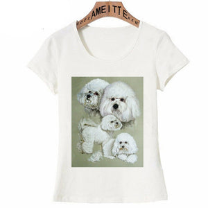 Image of a super cute and timeless Bichon Frise t-shirt in four Bichon Frise print design