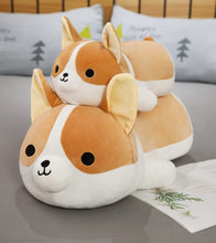 Load image into Gallery viewer, Image of two Corgi stuffed animals soft plush toys on one another lying on the bed