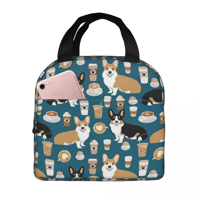 Image of an insulated Corgi lunch bag with exterior pocket in coffee and corgi design