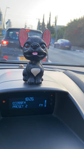Image of a black frenchie bobblehead in a car