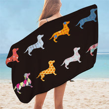 Load image into Gallery viewer, Image of dachshund beach towel in the color black