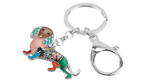 Close up image of dachshund keychain in the multicolor