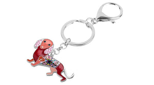 Close up image of dachshund keychain in the color red