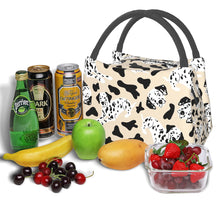 Load image into Gallery viewer, Image of a dalmatian lunch bag with high-quality holding straps, zip closure, three-layer insulation, and the cutest Dalmatian design