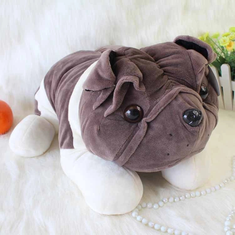 Image an English Bulldog stuffed animal in gray and white