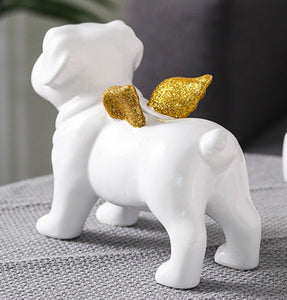 Back image of a beautiful white English Bulldog statue with gold-plated angel wings