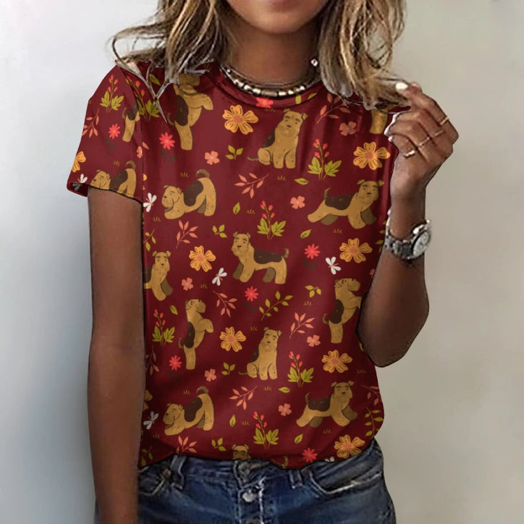 image of a woman wearing an all-over print airedale terrier t-shirt - maroon