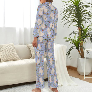 image of a woman wearing a blue pajamas set for women - bichon frise pajamas set for women - back view