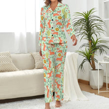 Load image into Gallery viewer, image of a woman wearing a cute corgi pajamas set - green pajamas set for women 
