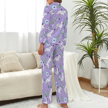 Load image into Gallery viewer, image of a woman wearing a cute purple colored dalmatian pajamas set for women -  back view