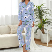image of a woman wearing a cute blue colored dalmatian pajamas set for women