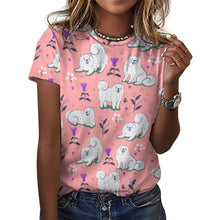 Load image into Gallery viewer, image of a woman wearing a pink tshirt- pink samoyed t-shirt for women