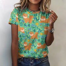 Load image into Gallery viewer, image of a woman wearing a green shiba inu all over print t-shirt