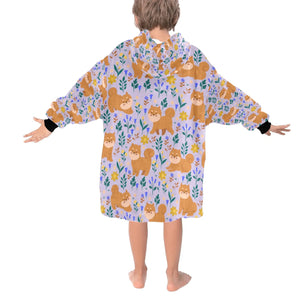 image of a lavender shiba inu blanket hoodie for kids - back view