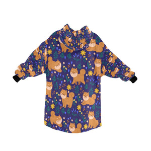image of a midnight blue shiba inu blanket hoodie for kids - back view