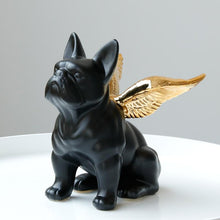 Load image into Gallery viewer, Image of a black french bulldog angel statue with Golden Angel Wings, made of black ceramic, with gold-plated angel wings