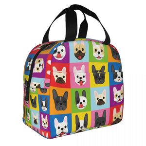 Image of an insulated infinite French Bulldog design French Bulldog lunch bag with exterior pocket