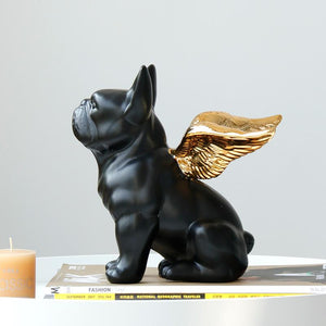 Side image of a black french bulldog statue with gold-plated angel wings