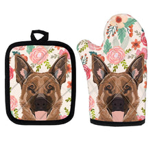 Load image into Gallery viewer, image of german shepherd oven mitten glove and pot holder set for baking in flowers in bloom design 