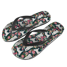 Load image into Gallery viewer, Image of a pair of Great Pyrenees slippers in Great Pyrenees and flowers design - side view