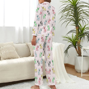 image of a woman wearing blush pink pajamas set - chihuahua pajamas set for women - back view
