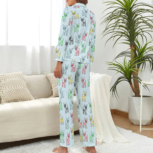 image of a woman wearing blue pajamas set - chihuahua pajamas set for women - back view