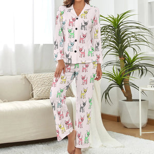 image of a woman wearing blush pink pajamas set - chihuahua pajamas set for women