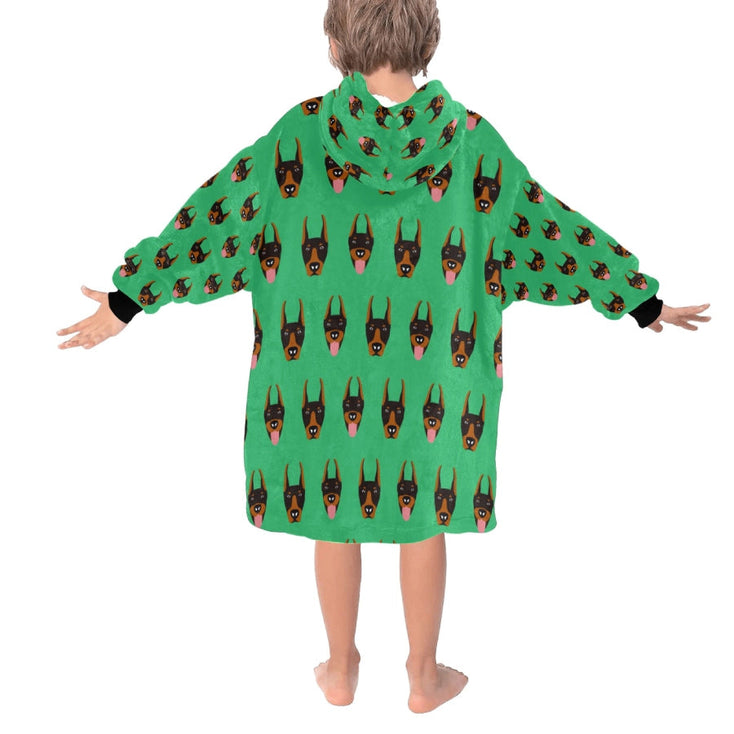 image of a dark blue colored doberman blanket hoodie for kids - back view